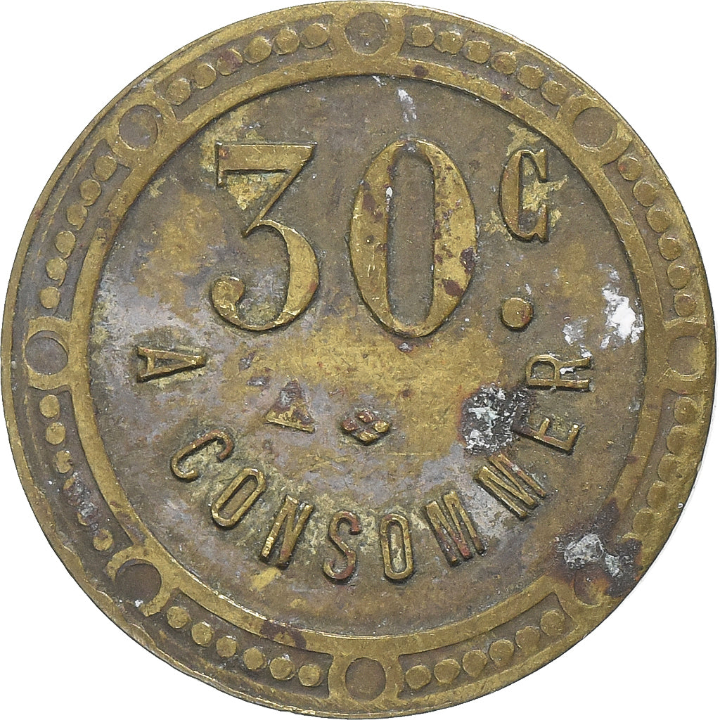 France, A Consommer, 30 Centimes, Auto-Mills, TB+, Laiton