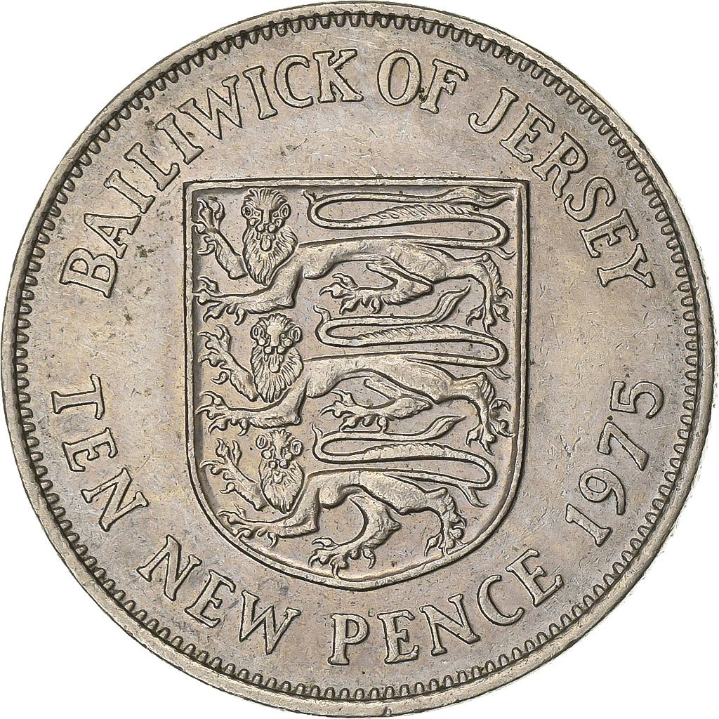 Jersey, Elizabeth II, 10 New Pence, 1975, Copper-nickel, AU(50-53), KM:33