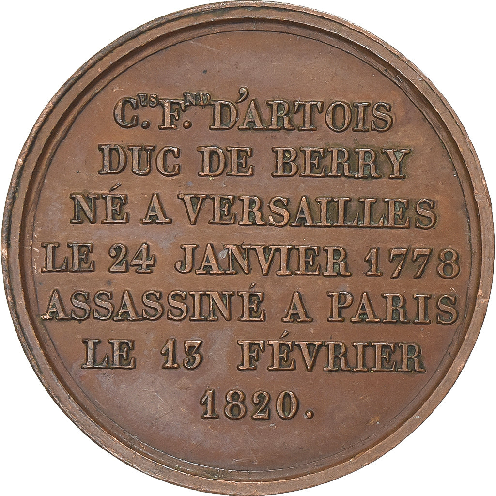 France, Medal, Assassinat du Duc de Berry, 1820, Copper, Caqué, EF(40-45)