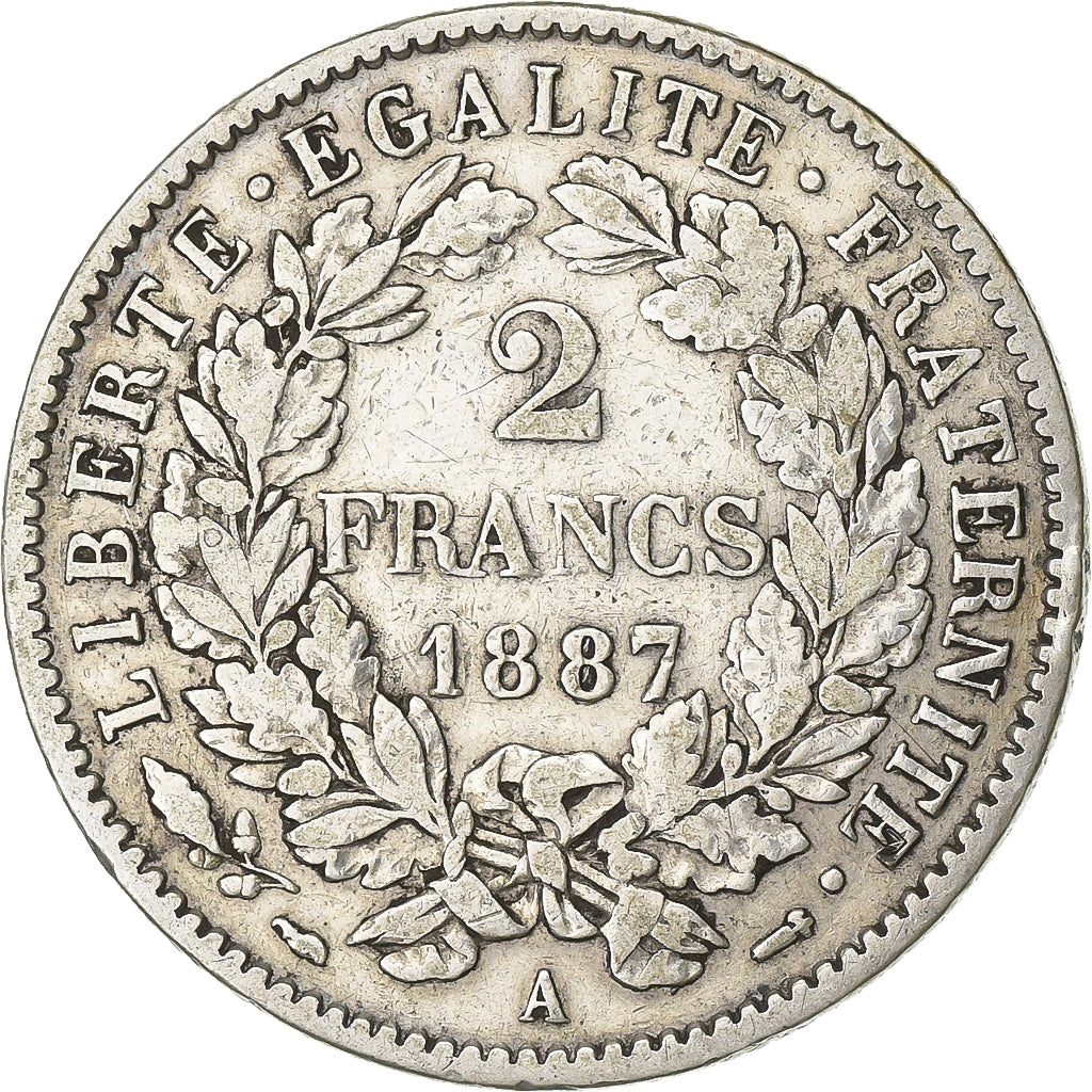 Coin, France, Cérès, 2 Francs, 1887, Paris, VF(30-35), Silver, KM:817.1