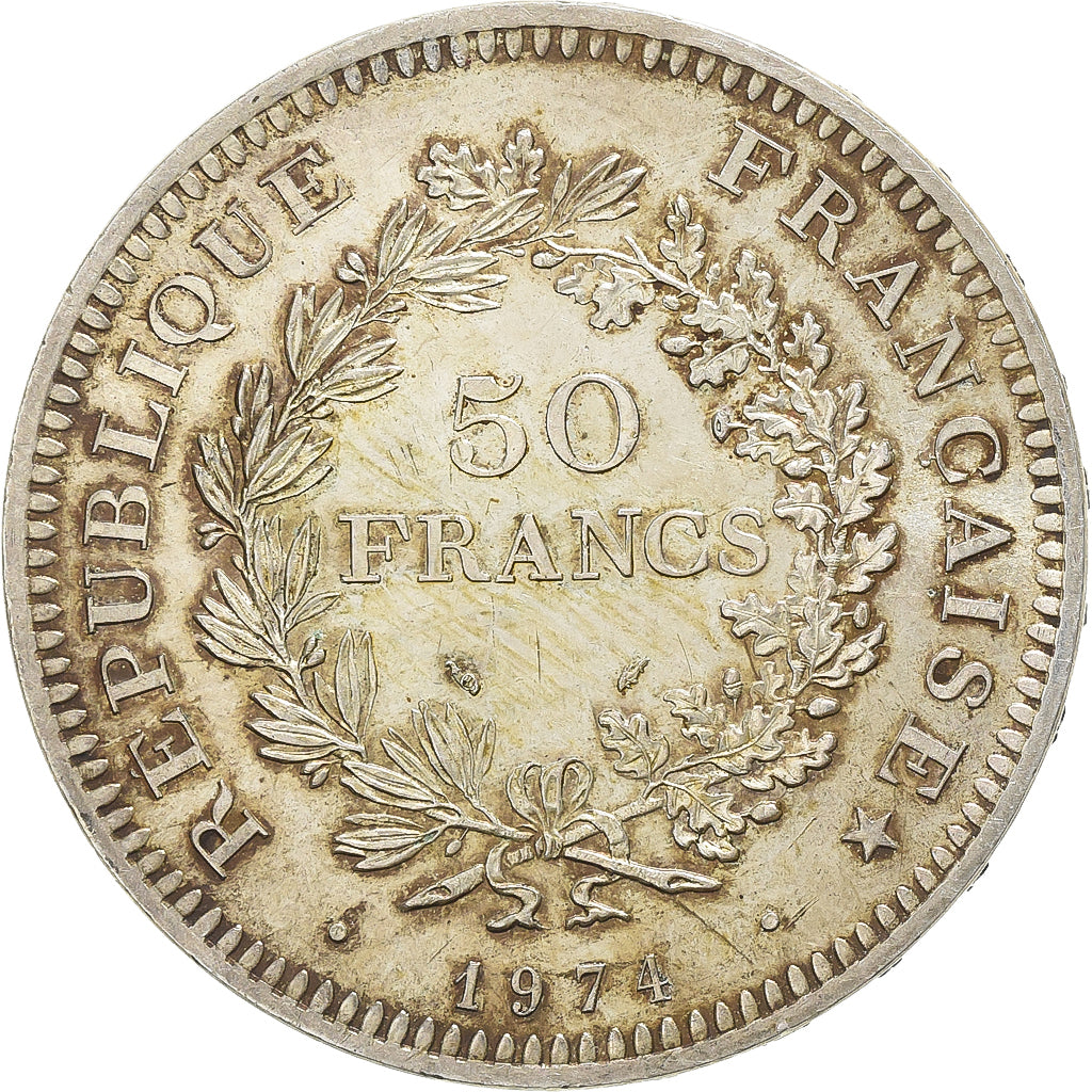França, 50 Francs, Hercule, 1974, Emissão híbrida, Prata, AU(50-53)