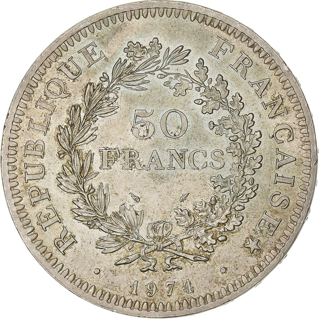 França, 50 Francs, Hercule, 1974, Emissão híbrida, Prata, AU(50-53)