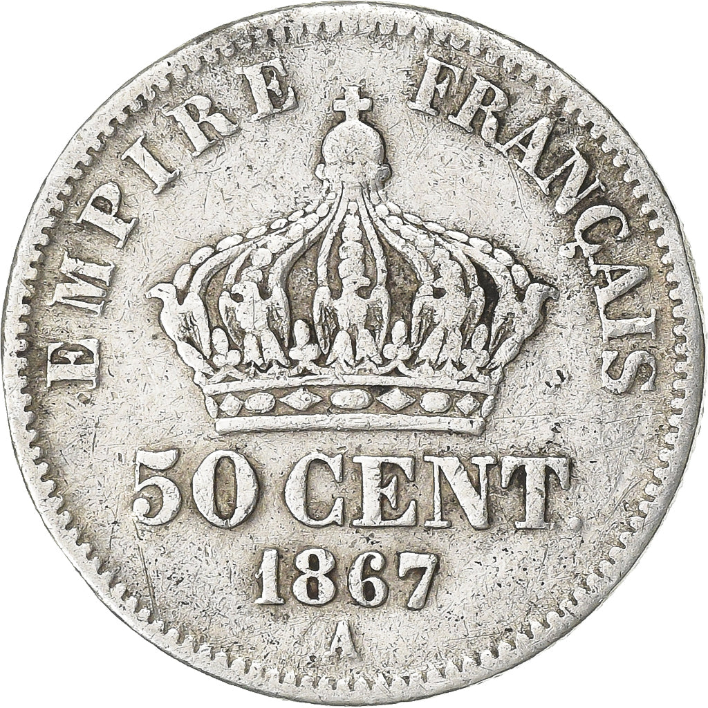 France, 50 Centimes, Napoléon III, 1867, Paris, Silver, VF(30-35), Gadoury:417