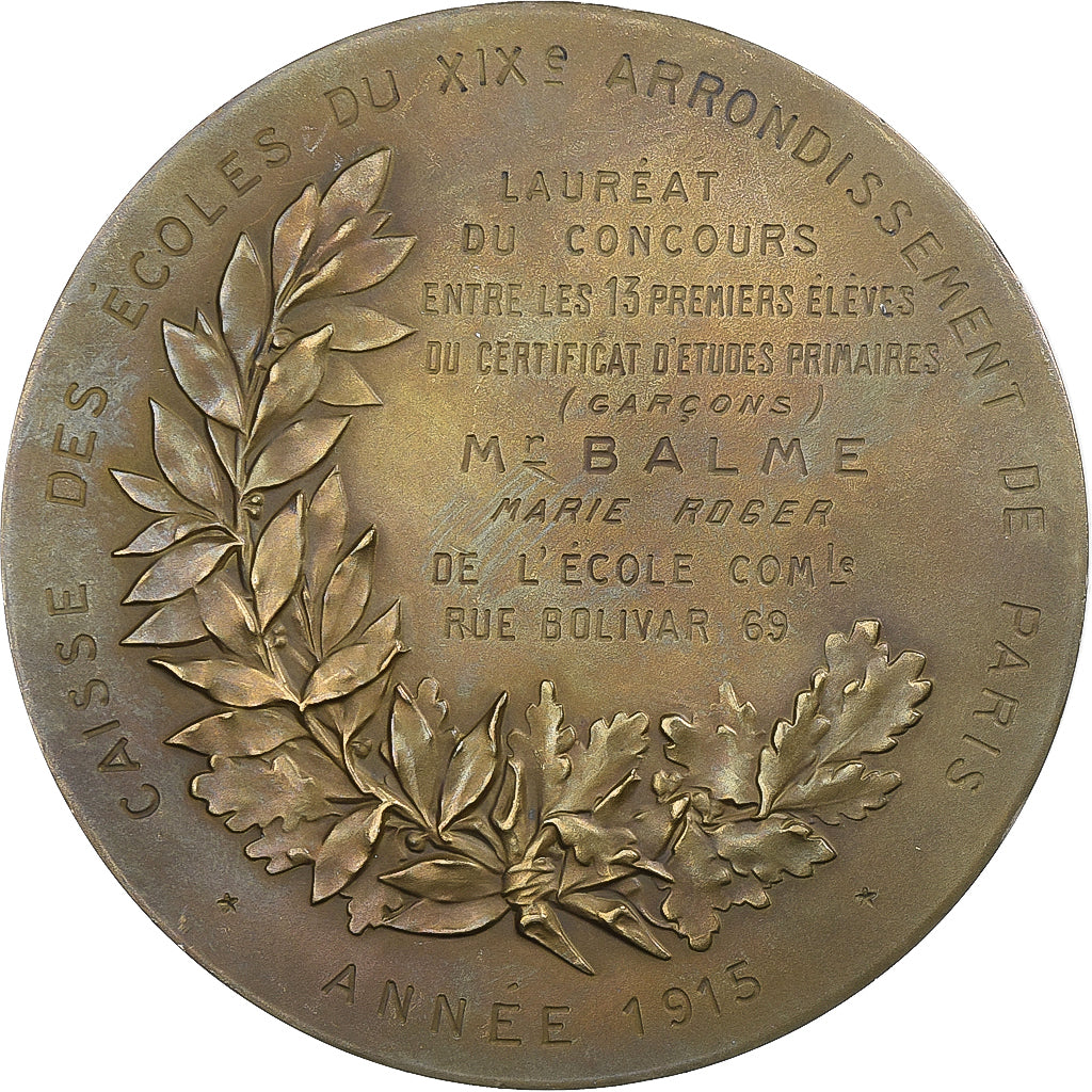 Francia, medalla, Caisse des Ecoles du XIXème Arrondissement de Paris, 1915