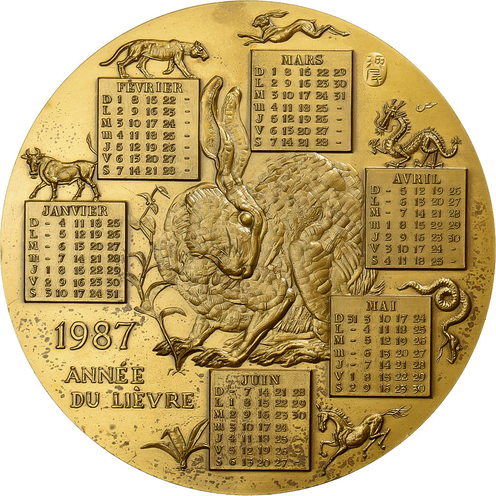 Francia, medaglia, Calendrier, Année du Lièvre, 1987, Bronzo, SPL-