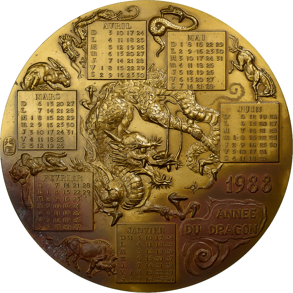 Francia, medaglia, Calendrier Chinois, Année du Dragon, 1988, Bronzo, Oshio