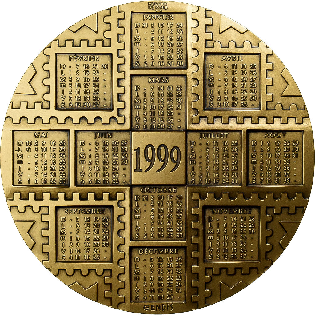 Francia, medaglia, Médaille de Table Calendrier, Timbres Poste, 1999, Bronzo