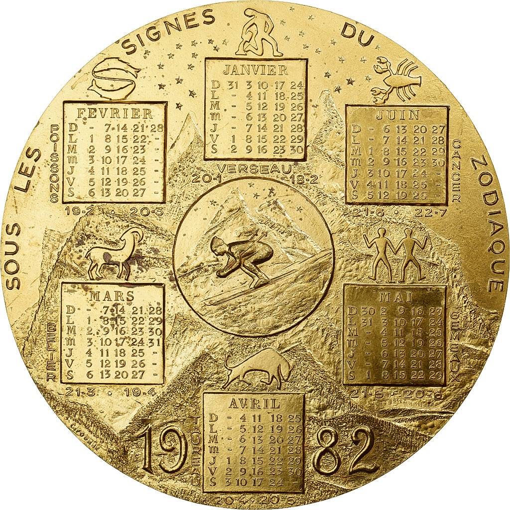 Francja, medal, Calendrier, Signes du Zodiaque, 1982, Pokryty brązem, Fourbé