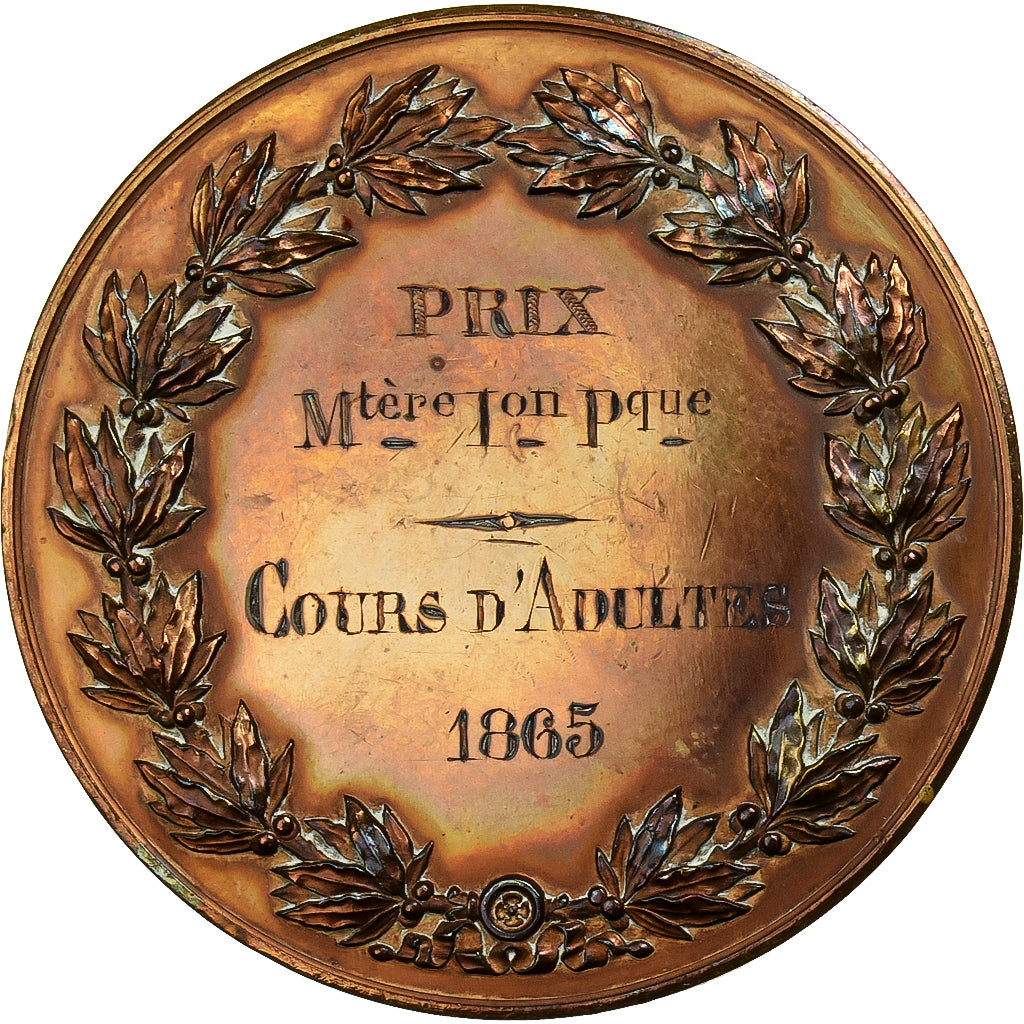 Francia, medaglia, Instruction Public, Cours d'Adulte, 1865, Bronzo, Brenet, BB+