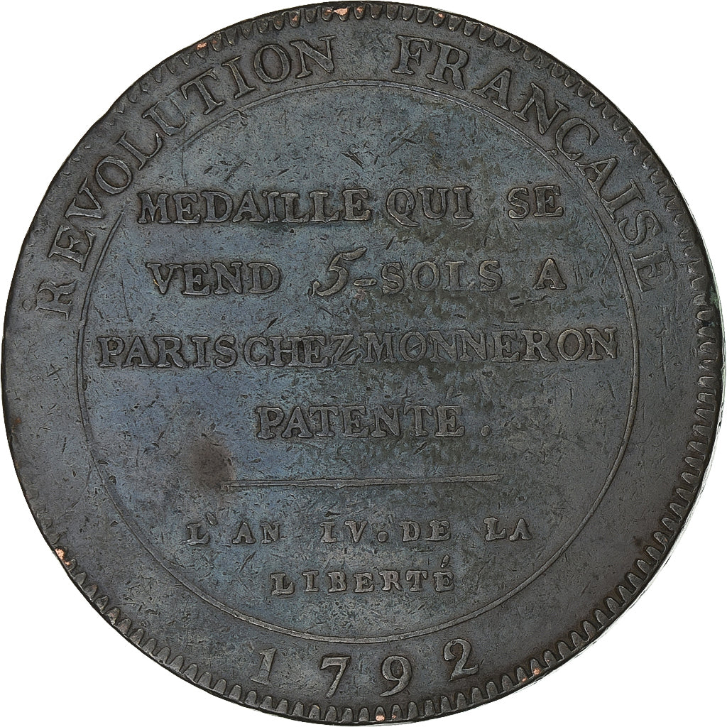 Francia, Monneron de 5 Sols, 1792, Bronzo, MB+