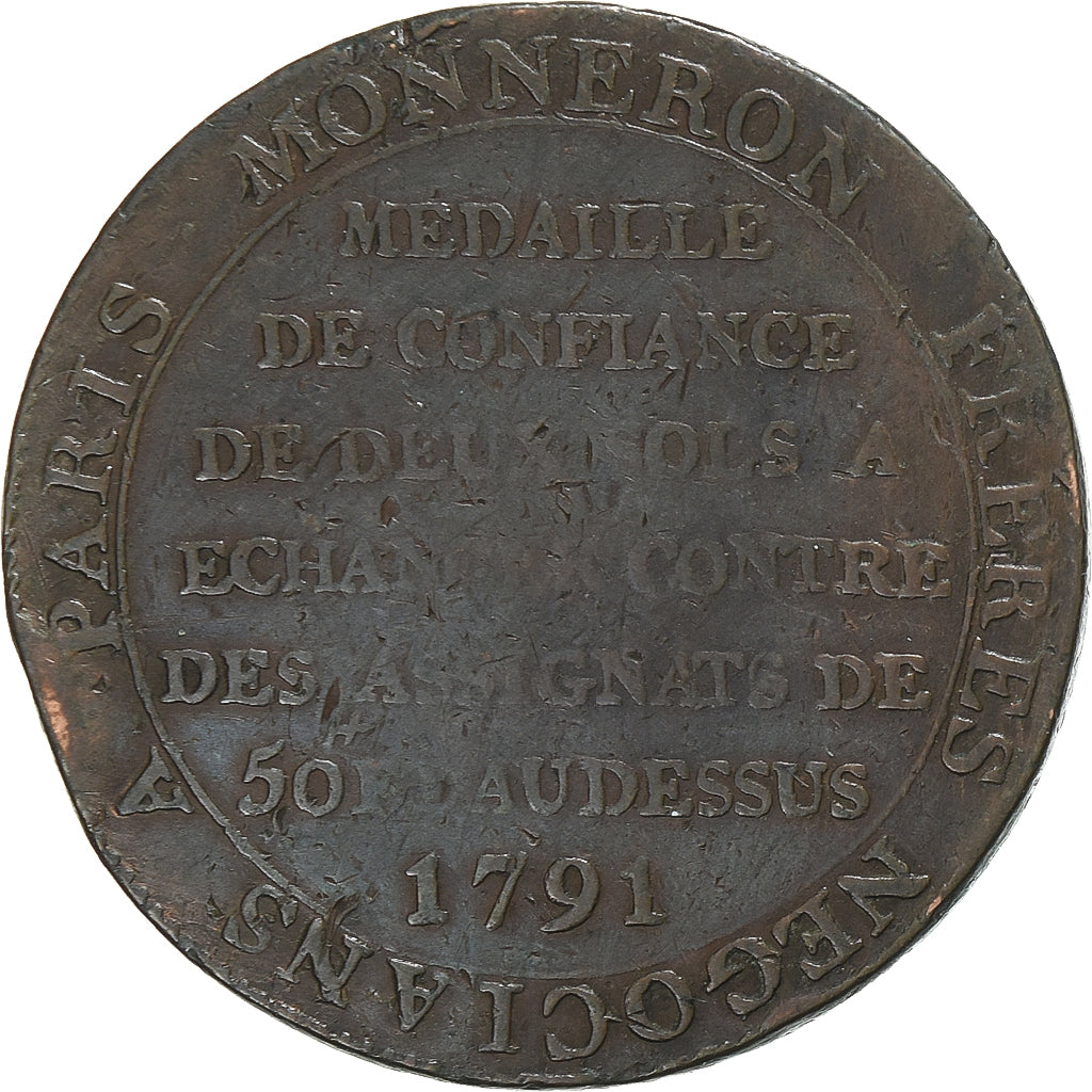 Frankreich, 2 Sols, Monneron, 1791, Birmingham, Bronze, S, KM:Tn23