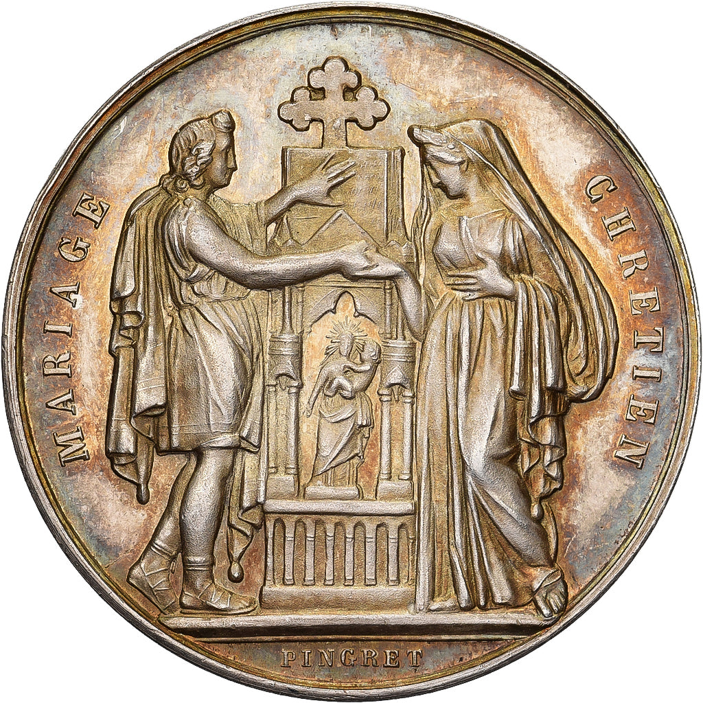 France, Medal, Religion, Mariage Chrétien, 1880, Silver, Pingret, MS(63)