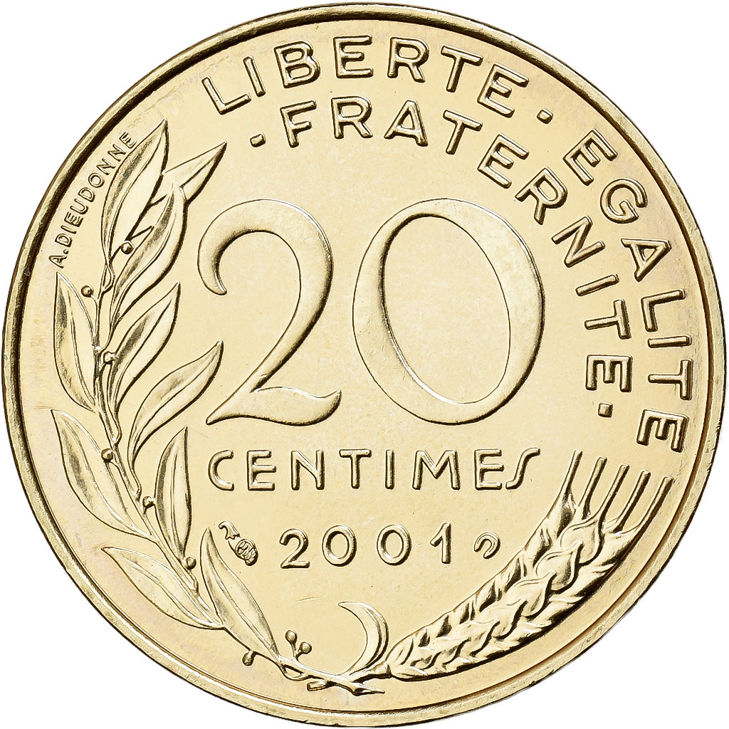 Francja, 20 Centimes, Marianne, 2001, Paris, BU, Aluminium-Brąz, MS(65-70)