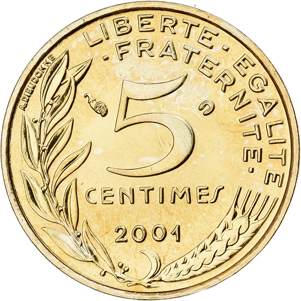 France, 5 Centimes, Marianne, 2001, Paris, Aluminum-Bronze, MS(65-70)