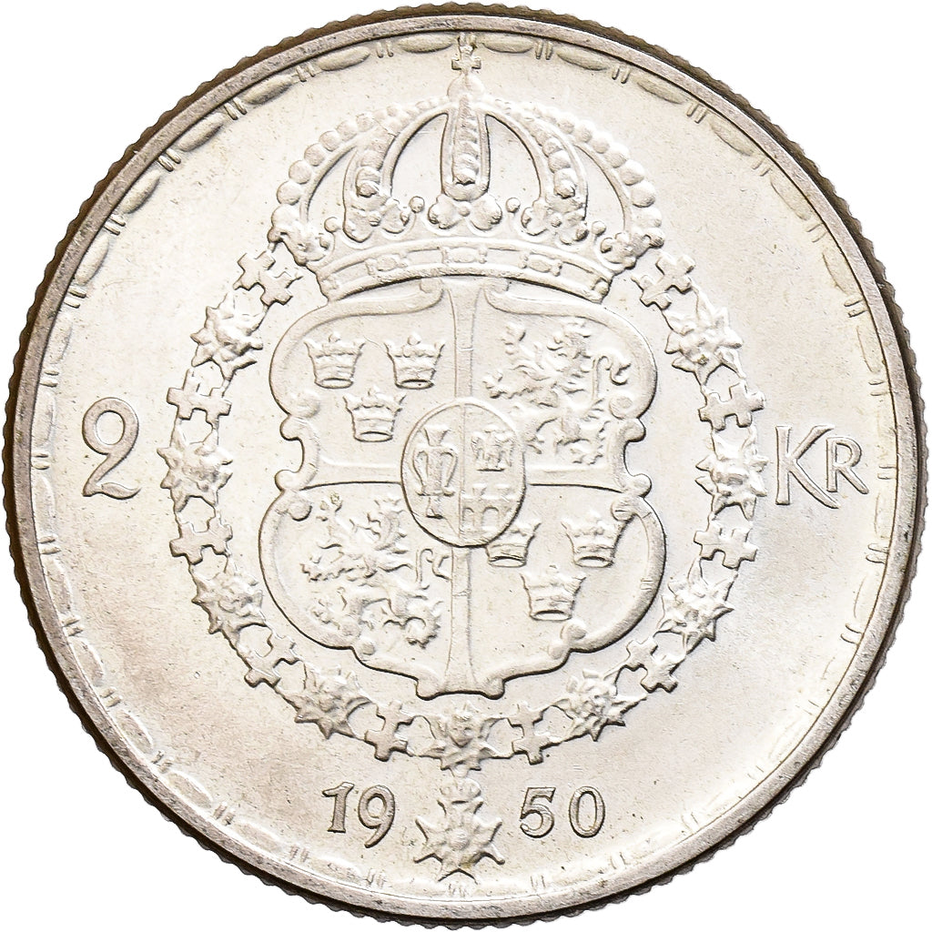Suède, Gustaf V, 2 Kronor, 1950, Argent, TTB+, KM:815