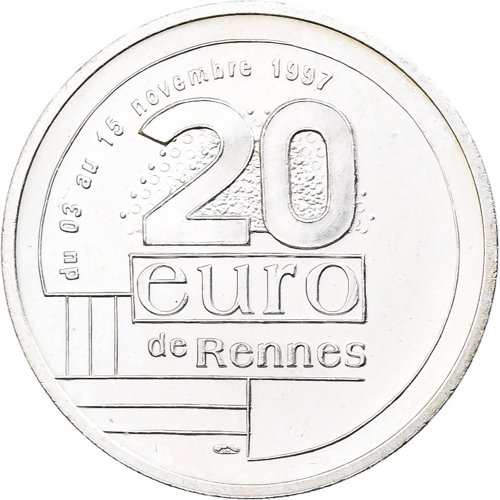 France, 20 Euro, Rennes, 1997, Silver, AU(55-58)