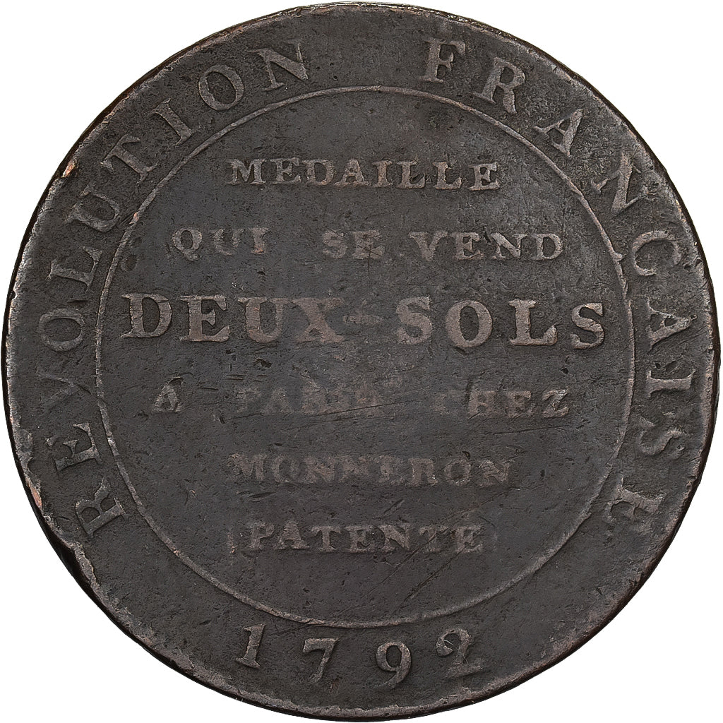 France, 2 Sols, Monneron à la Liberté, 1792, Birmingham, Bronze, VF(20-25)