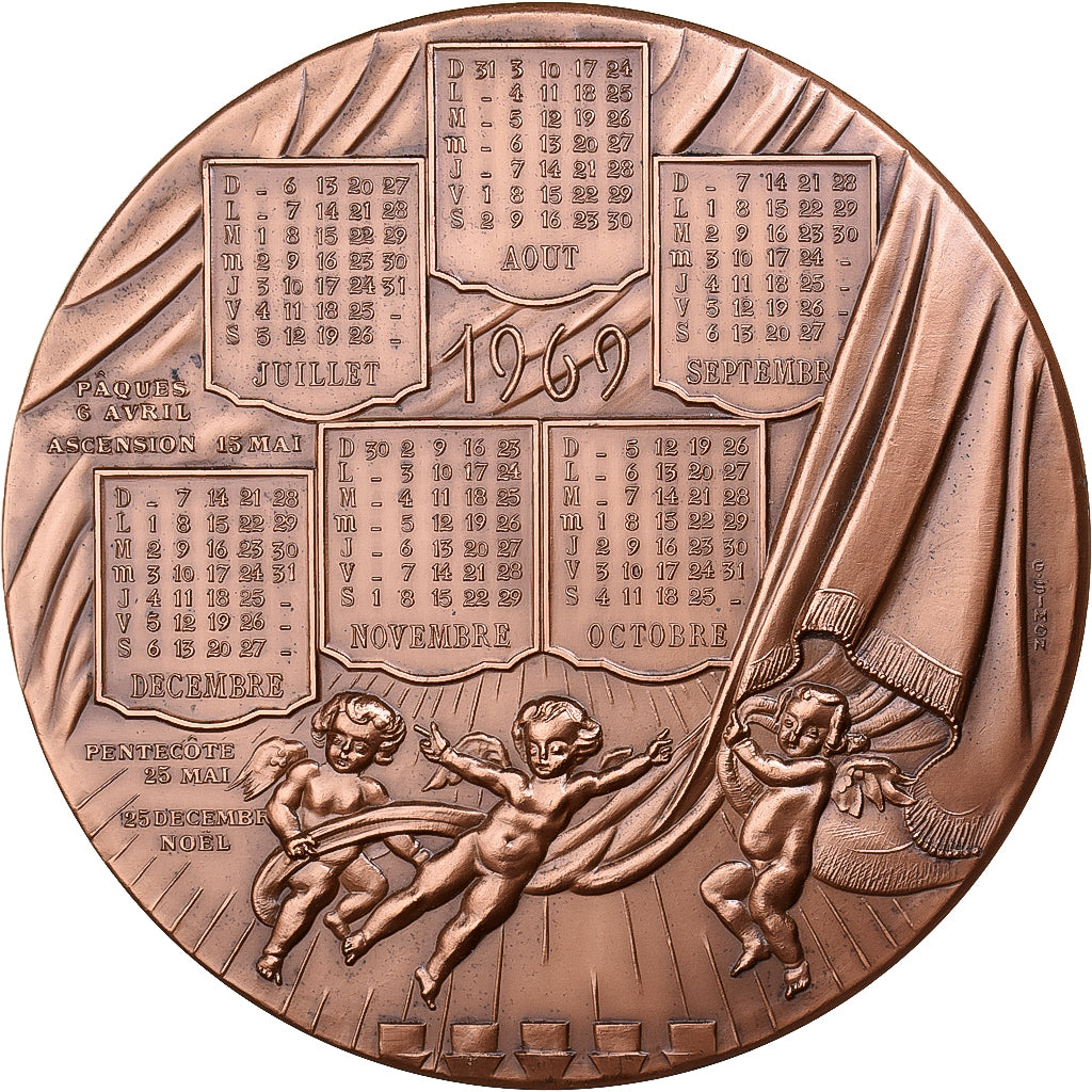 France, Medal, Calendrier, Nouvelle Année, 1969, Copper, Simon, MS(63)