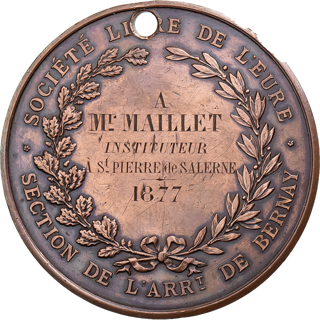 France, Medal, Société Libre de l'Eure, Bernay, 1877, Copper, Farochon