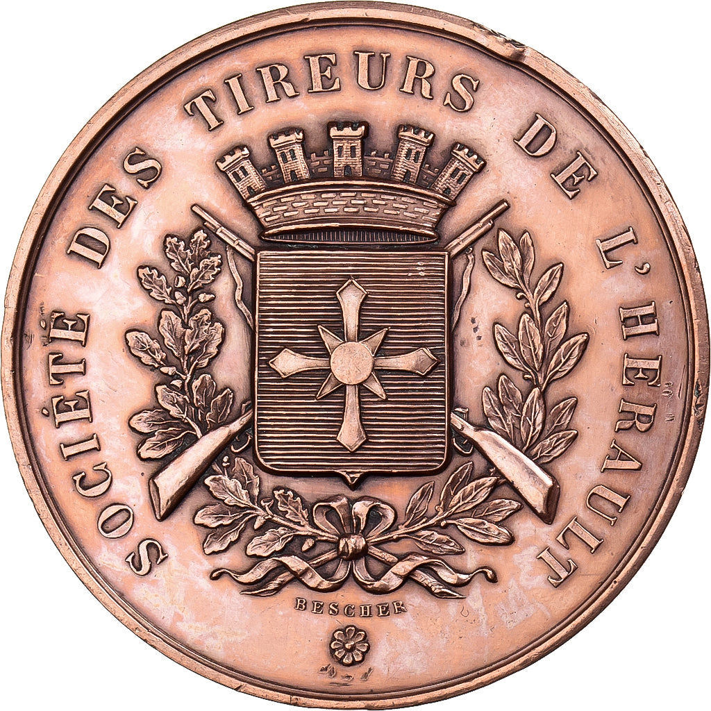França, medalha, Société des Tireurs de l'Hérault, 1874, Cobre, Bescher