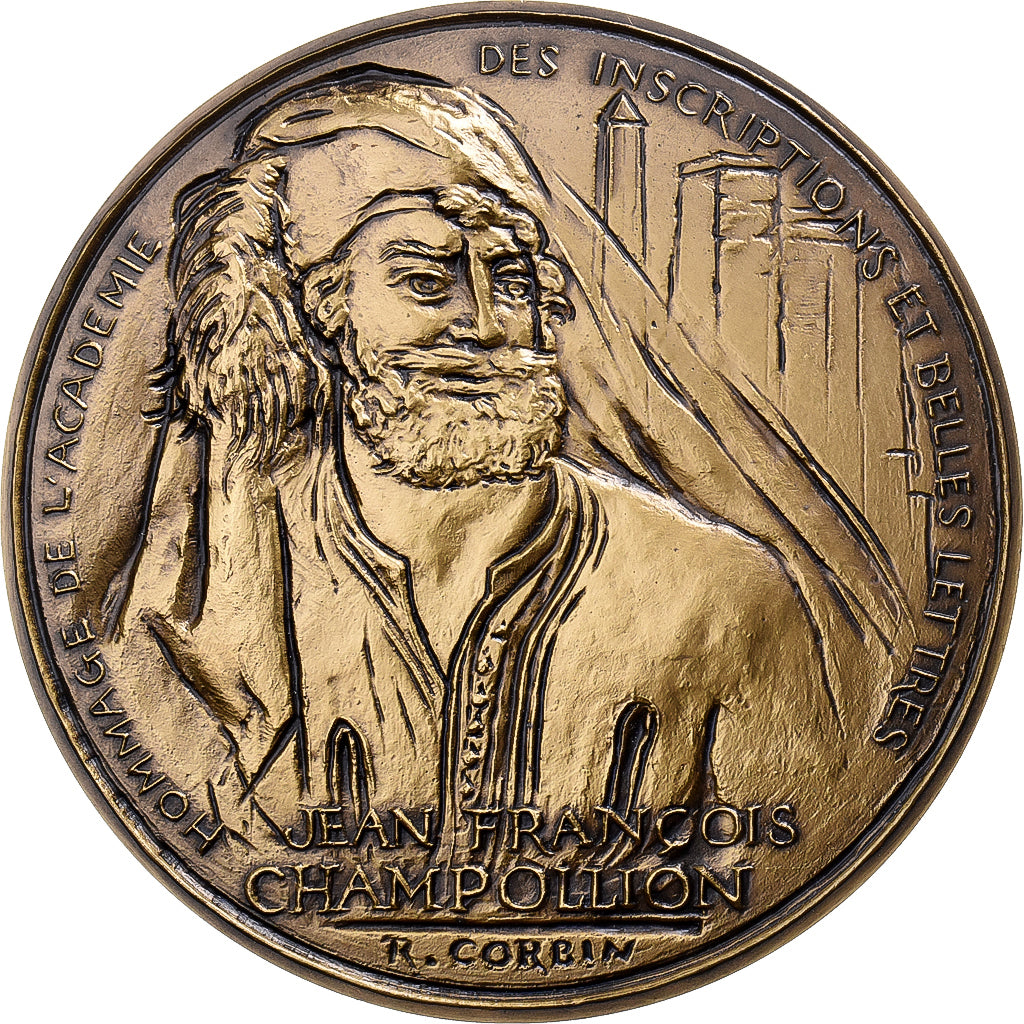 Francia, medaglia, Champollion, Egypte, Figeac, 1990, Bronzo, Corbin, FDC