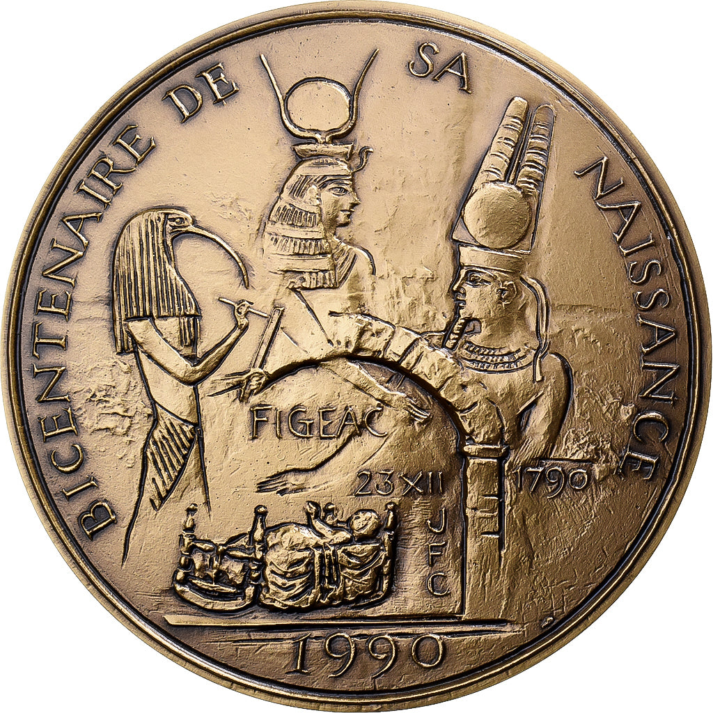 Francia, medaglia, Champollion, Egypte, Figeac, 1990, Bronzo, Corbin, FDC