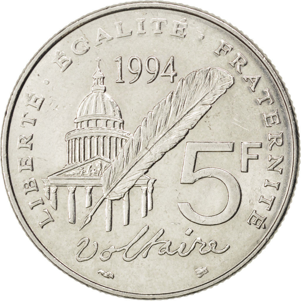 Moneta, Francja, Voltaire, 5 Francs, 1994, AU(55-58), Nikiel, KM:1063