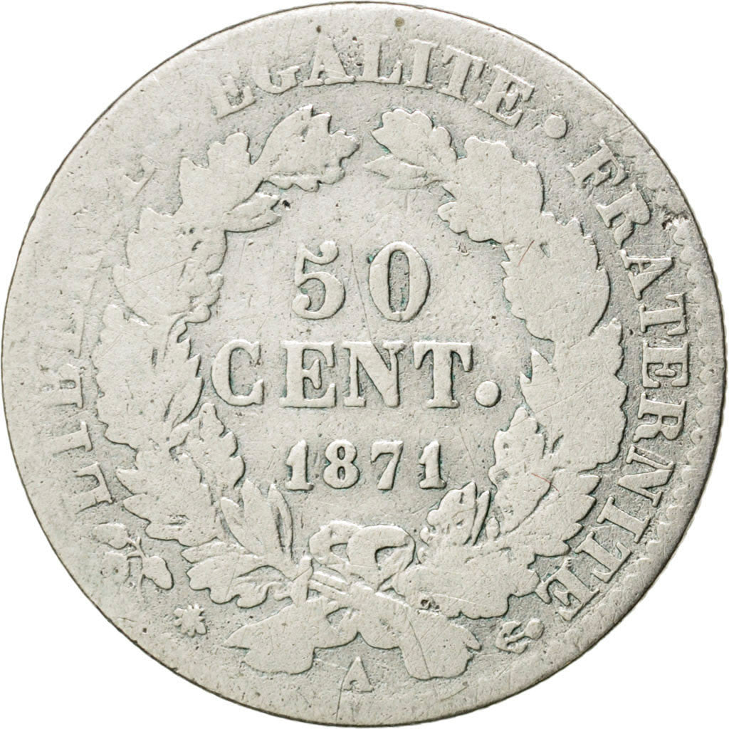 Coin, France, Cérès, 50 Centimes, 1871, Paris, VG(8-10), Silver, KM:834.1