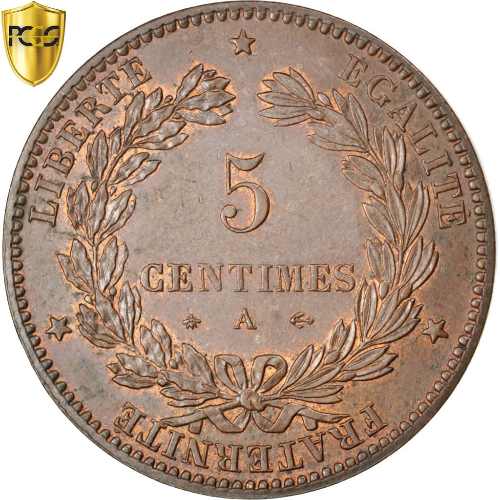 France, 5 Centimes, Cérès, 1875, Paris, Bronze, PCGS, MS63BN, Gadoury:157a