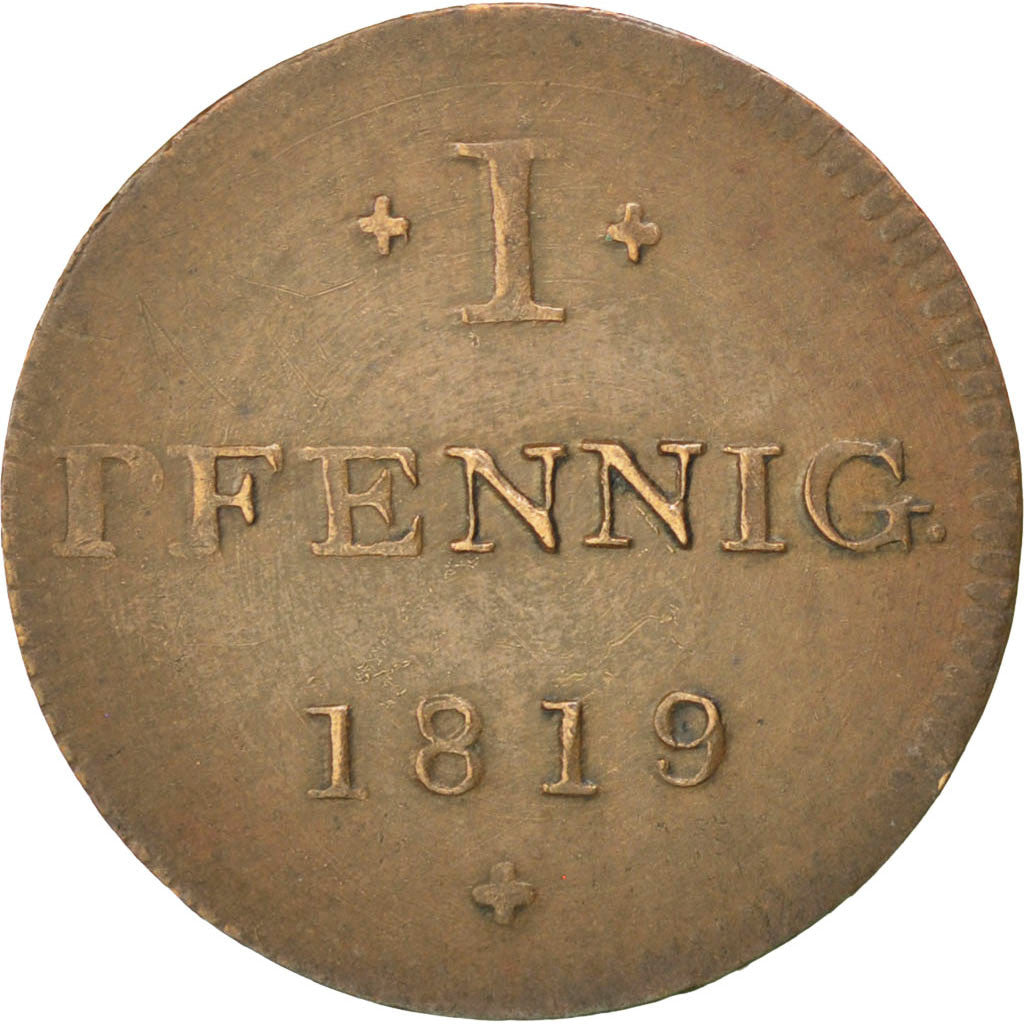 Coin, German States, FRANKFURT AM MAIN, Pfennig, 1819, AU(55-58), Copper, KM:Tn6