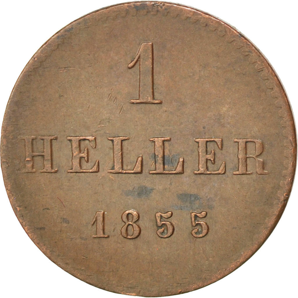 Moneta, Stati tedeschi, FRANKFURT AM MAIN, Heller, 1855, BB+, Rame, KM:351