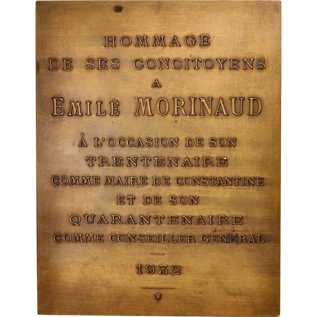 Francia, Plaquette, Emile Morinaud, Maire de Constantine, 1932, Bronce, Ebstein