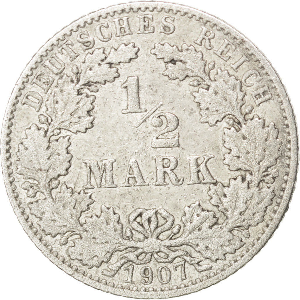 Coin, GERMANY - EMPIRE, 1/2 Mark, 1907, Muldenhütten, VF(30-35), Silver, KM:17