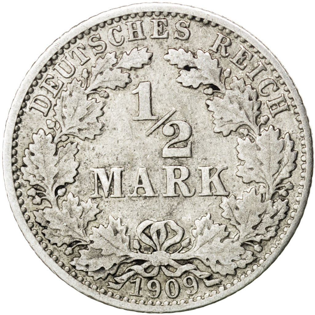 Coin, GERMANY - EMPIRE, 1/2 Mark, 1909, Hambourg, VF(20-25), Silver, KM:17