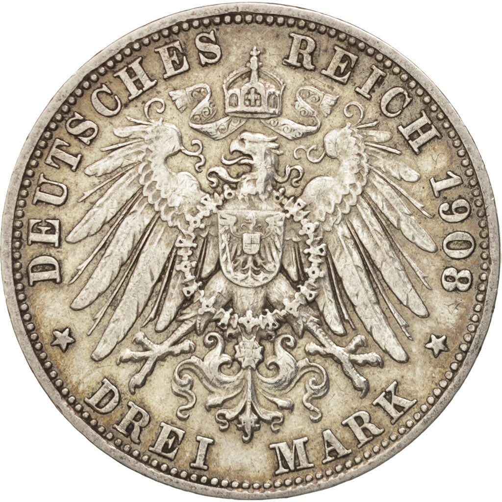 Coin, German States, BAVARIA, Otto, 3 Mark, 1908, Munich, AU(50-53), Silver