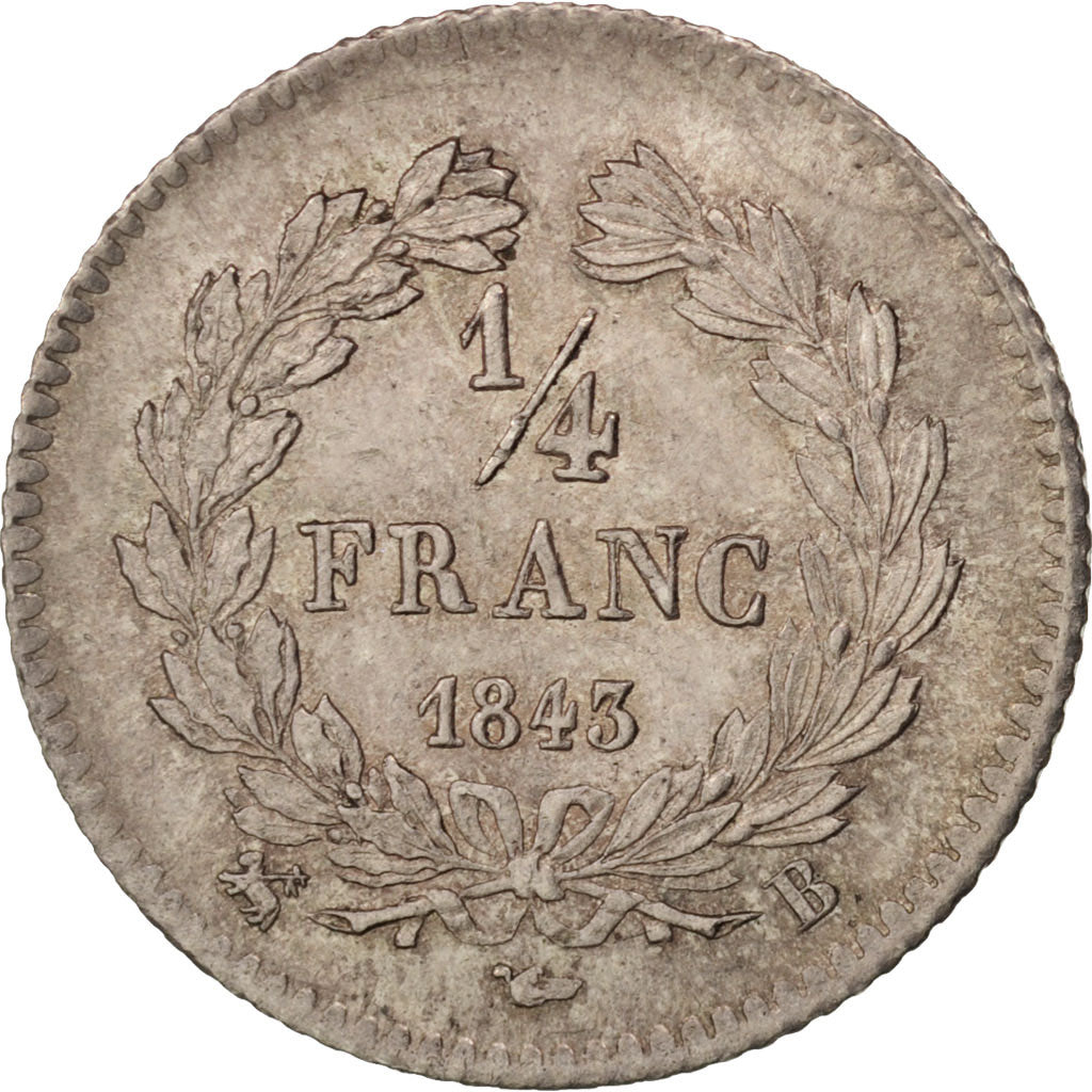 Coin, France, Louis-Philippe, 1/4 Franc, 1843, Rouen, AU(55-58), Silver