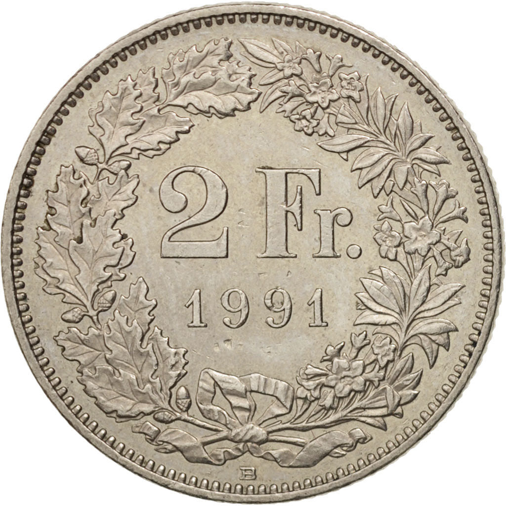 Coin, Switzerland, 2 Francs, 1991, Bern, AU(55-58), Copper-nickel, KM:21a.3