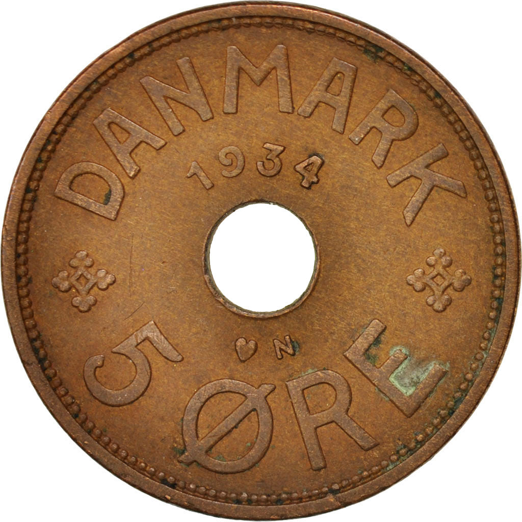 Coin, Denmark, Christian X, 5 Öre, 1934, Copenhagen, EF(40-45), Bronze