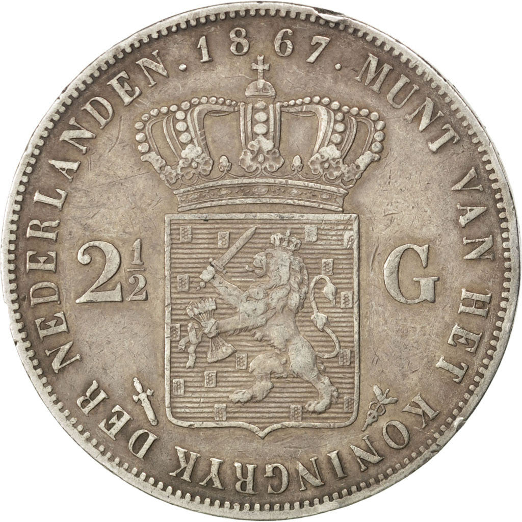Coin, Netherlands, William III, 2-1/2 Gulden, 1867, AU(50-53), Silver, KM:82
