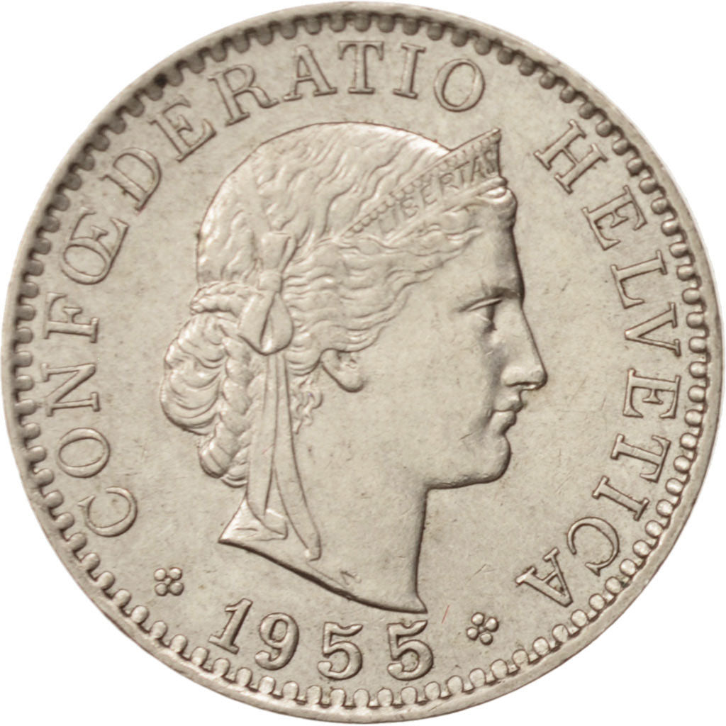 Coin, Switzerland, 20 Rappen, 1955, Bern, AU(50-53), Copper-nickel, KM:29a
