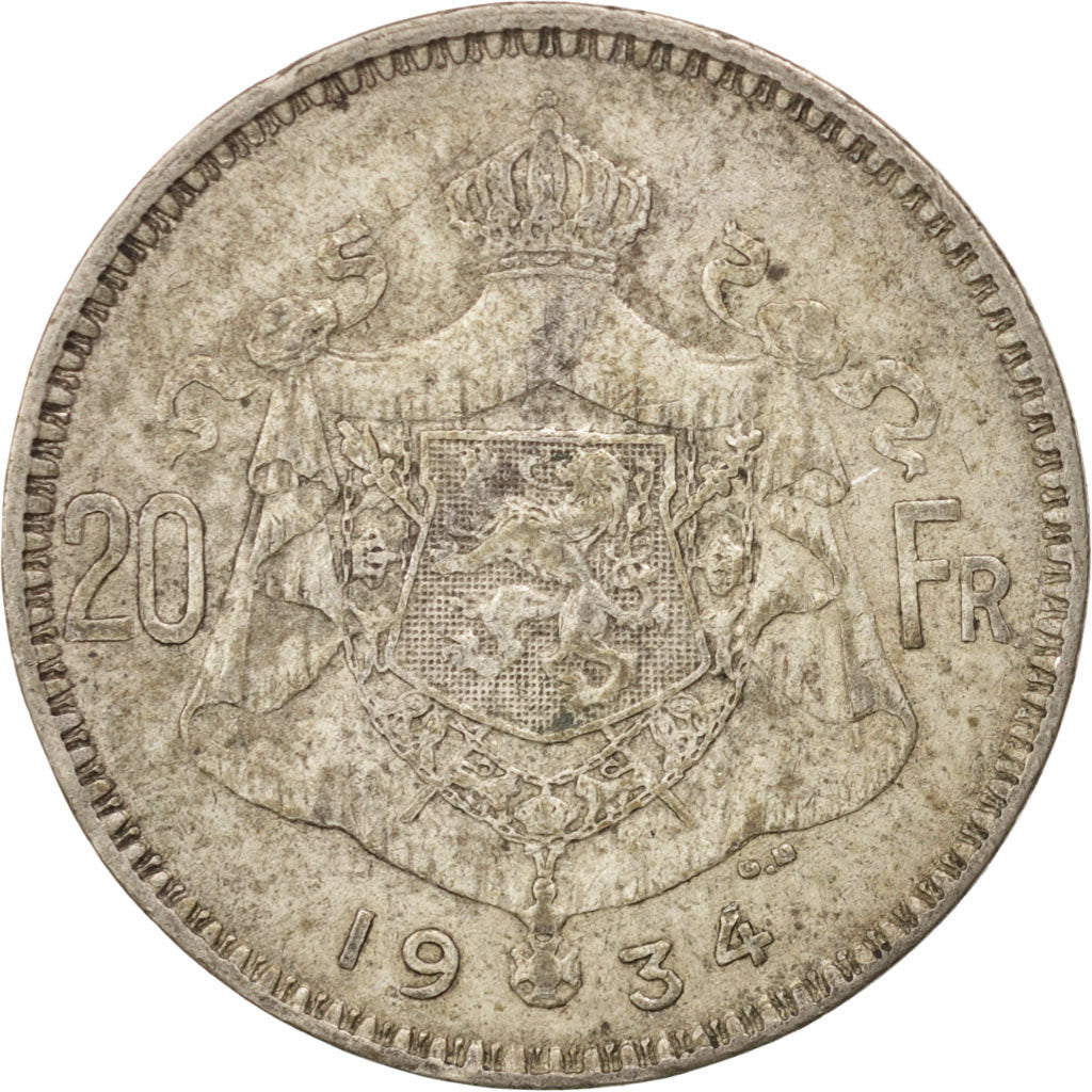 Coin, Belgium, 20 Francs, 20 Frank, 1934, EF(40-45), Silver, KM:104.1