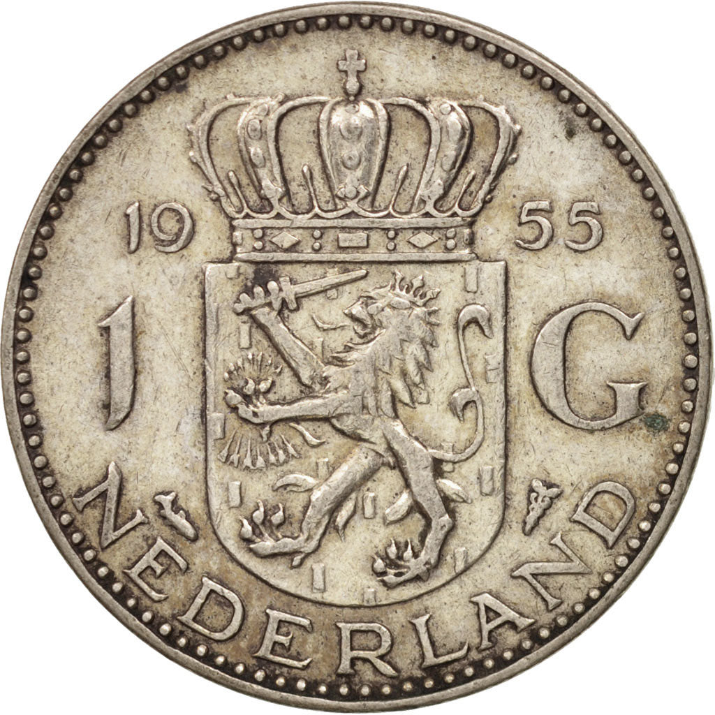 Coin, Netherlands, Juliana, Gulden, 1955, AU(50-53), Silver, KM:184