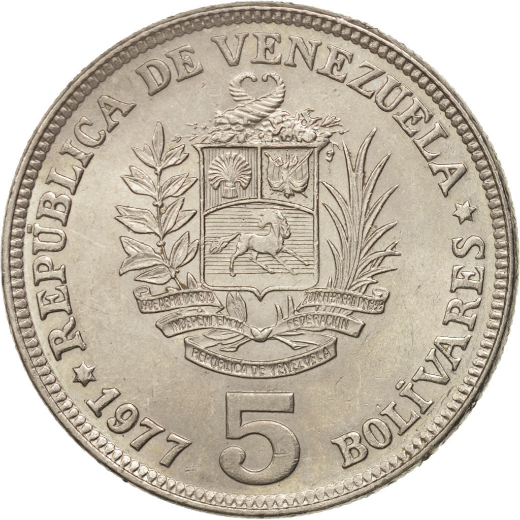 Moneda, Venezuela, 5 Bolivares, 1977, SC, Níquel, KM:53.1