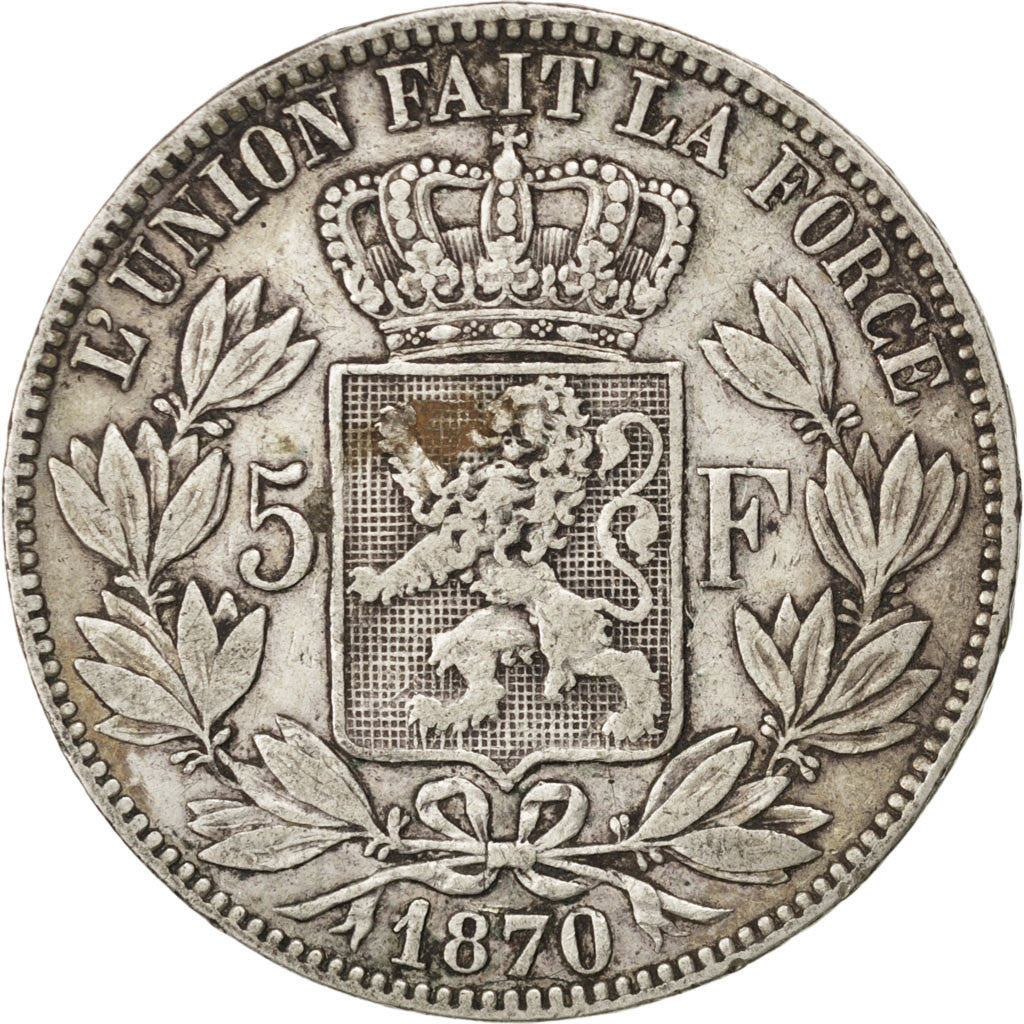 Coin, Belgium, Leopold II, 5 Francs, 5 Frank, 1870, Brussels, VF(30-35), Silver