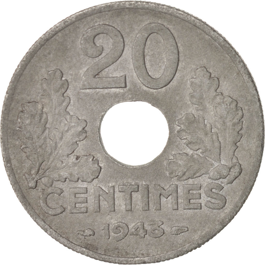 Moneta, Francia, État français, 20 Centimes, 1943, Paris, BB+, Zinco