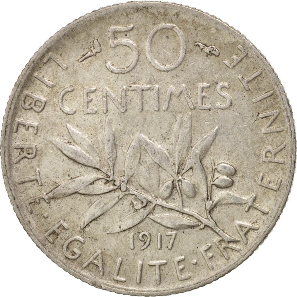 Coin, France, Semeuse, 50 Centimes, 1917, Paris, AU(50-53), Silver, KM:854