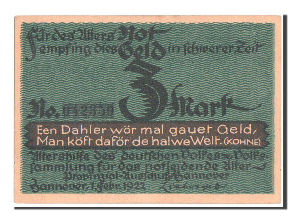 Billet, Allemagne, Hannover, 3 Mark, 1922, SPL, Mehl:569.1a