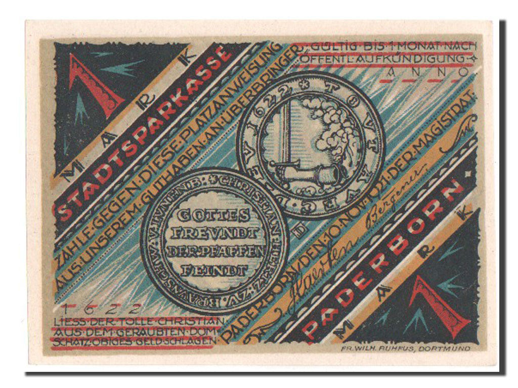 Billet, Allemagne, Paderborn Stadt, 1 Mark, 1921, SPL, Mehl:1043.3