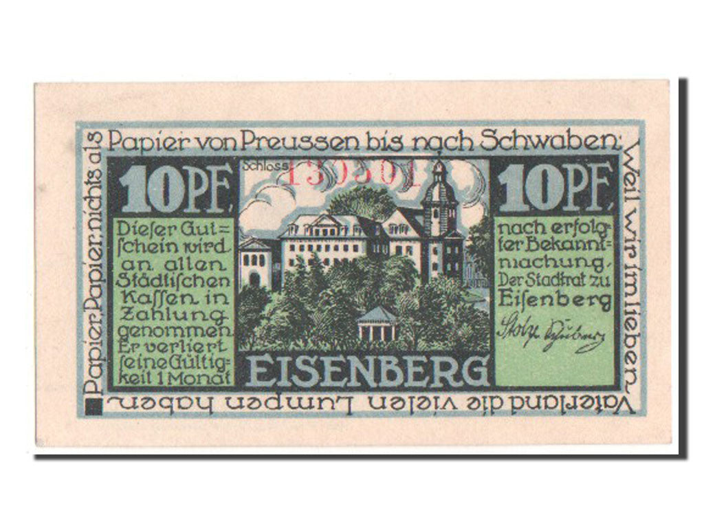 Biljet, Duitsland, Eisenberg Stadt, 10 Pfennig, 1921, SPL+, Mehl:322.1c