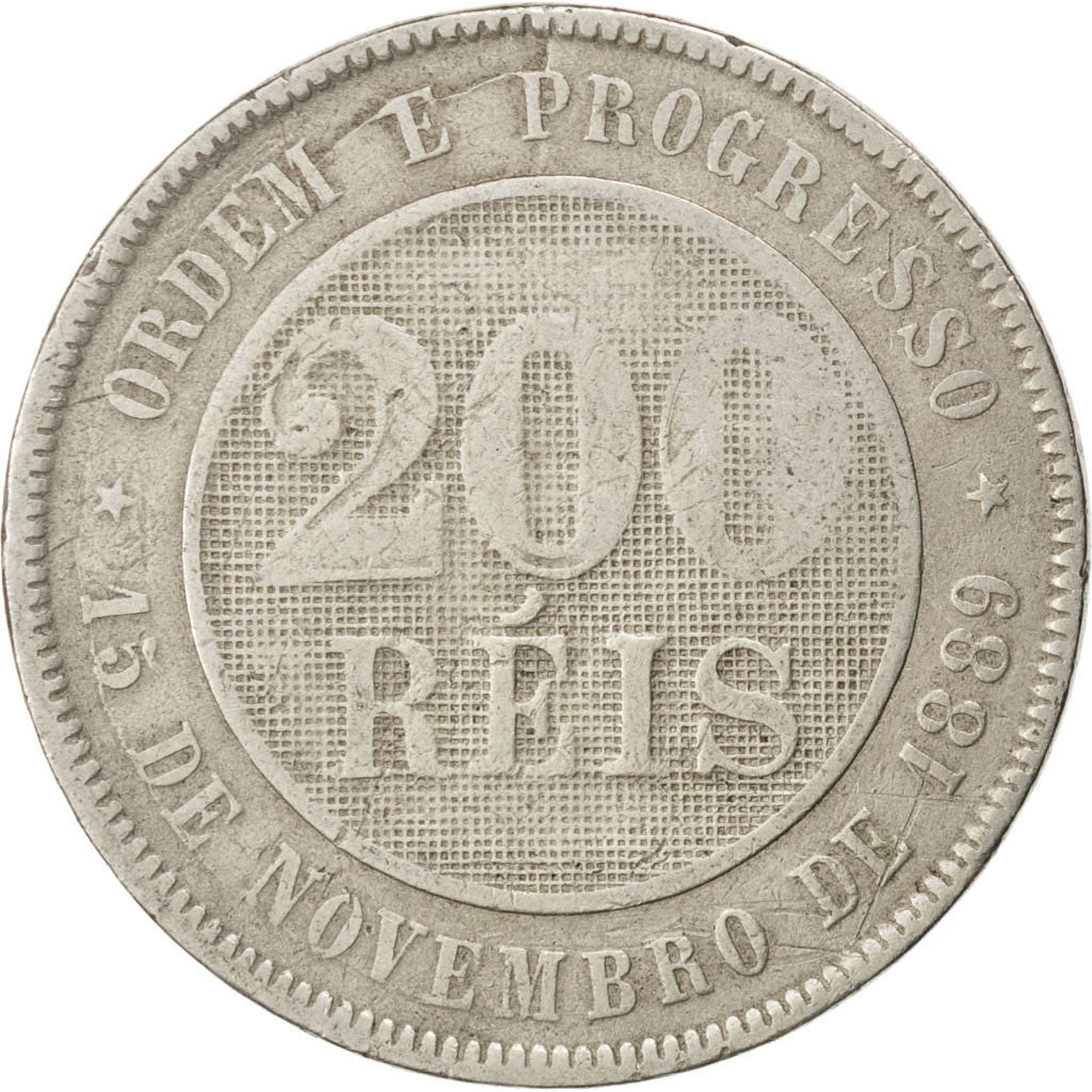 Coin, Brazil, 200 Reis, 1889, VF(30-35), Copper-nickel, KM:493